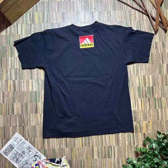 Vintage 90s Adidas Striped Tee Mens Large Red and Black Front Back Graphic Shirt - Picture 2 of 3